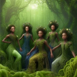 4k Painting. Detailed. Fine details. the faces of 5 young black women. Young women sitting wood nymphs emerging from the forest. THeir hair looks like vines. Dreadlocs. Their skin is the colour of dark soil. their skin looks like tree bark. Their clothing is made of vines, grass and leaves.