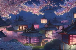 Cherry blossom trees at night and Japanese houses with lanterns