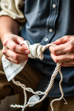 Close-up of Peter unraveling his mother’s napkins to create a long, delicate rope, hands working patiently, symbol of hope and ingenuity.