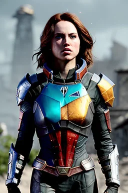 ultrarealistic, ruined city,__mass effect armor__, __angles__, 19 year old woman, strikingly beautiful, ginger hair, silver colour, [__starlets__|__starlets__], (pale __skincolor__ skin:1.2), __camera__, _hair_, detailed face and eyes, medium breasts, leather choker, freckles, dynamic pose, resolved expression, __accessory__, strappy outfit, (straps:1.1), sword in scabard on left hip, (buckles, buttons, snaps, rings:1.0), haltertop style breastplate, detailed eyes, plump lips, sci-fi theme