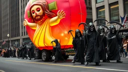 cartoonish jesus parade balloon pulled by multiple grim reapers, multi colored, bright, vivid, psychedelic, high detailed, high gloss, insanely detailed, matte, horrorcore, lining the street, unsettling contrast, monument to death, live action shot grim reaper parade, pulling a jesus parade float