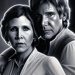 old carrie fisher embracing harrison ford in star wars, waist up portrait, photorealistic faces, intricate, color pencil masterpiece, expert, insanely detailed, 4k resolution, cinematic smooth, intricate detail , soft smooth lighting, soft pastel colors,