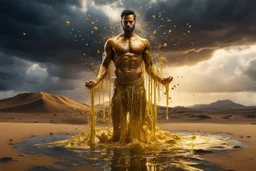 A hyper-realistic photo, beautiful face man disintegrating into gold dripping ink and slime::1 ink dropping in water, molten lava, long legs, 4 hyperrealism, intricate and ultra-realistic details, cinematic dramatic light, cinematic film,Otherworldly dramatic stormy sky and empty desert in the background 64K, hyperrealistic, vivid colors, , 4K ultra detail, , real , Realistic Elements, Captured In Infinite Ultra-High-Definition Image Quality And Rendering, Hyperrealism