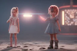 Girl 3d character with creative trophy with his hand like winner stand on stage.