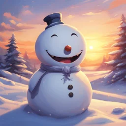 a villanous grin angey snowman, serene and peaceful sunset background, soft sunlight, 2d anime art,