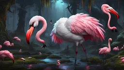 awesome (zombie flamingo:1.5) eating a (pretty canine:1.5) with fur and bits flying in the air, wacky zany facial expression, intricate detail, sharp, colorful, iridescent, deep color, grey and black fairy forest, 8k resolution, trending on Artstation, glowing runes, zombiecore, H.R. Giger, dynamic lighting