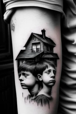 A simple black and white tattoo of three sons, aged 12, 8 & 5 in a house