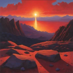 A red sky, with rocks scattered on the ground and a blue star in the upper right corner of the picture. The sun is setting behind it. by Michael Whelan --ar 64:43 --v 6. 0