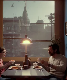 Realistic scene, American shot view, 0 gravity, levitating man and woman sitting in cafeteria and having breakfast, Wes Anderson, fly, floating, soft color, highly detailed, unreal engine 5, ray tracing, RTX, lumen lighting, ultra detail, volumetric lighting, 3d, finely drawn, high definition, high resolution.