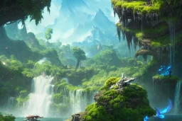 Art by Dylan cole and Eddie mendoza and darek zabrocki, Avatar concept art, pandora, hovering island with waterfall, magnificent landscape, ultra-wide angle, ultra realistic, digital painting, 8 k uhd, dynamic lighting, beautiful, sharp focus, ultra detailed, concept art