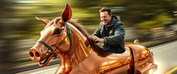 motion blur, close up, portrait of hippie Elon Musk riding an awesome spaceship in copper, fast one in the shape of a horsepig is half horse half pig, now its gonna do an awesome gig , bokeh like f/0.8, tilt-shift lens 8k, high detail, smooth render, down-light, unreal engine, prize winning