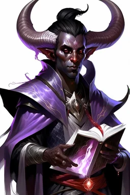 En Young male black skin black hair tiefling Wizard with large horns glowing Purple symbols Everywhere on his body. a book with Arcane Magic floating in front of him. He's wearing silver and White Rope and a silver cloak. His horn a perfectly place on acet from the front to the back pointing upwards with glowing Red cat Eyes. His close is elegant get simple. Casting and ice spell