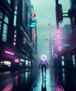 circular white moon, 3D, beautiful, light reflecting, empty city, midnight, rainy night, neon, cyberpunk, person walking with helmet on