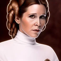 extremely detailed 8k hyperspace wallpaper,complete and photo realistic detailed head to waist stunning photo realistic portrait of carrie fisher as Princess Leia in star wars with Symmetrical, soft, fine, warm, photo realistic hair, brown eyes, professional majestic photo realistic painting by Ed Blinkey, Atey Ghailan, by Jeremy Mann, Greg Manchess, Antonio Moro, trending on ArtStation, Intricate, High Detail, Sharp focus, dramatic, by greg rutkowski,