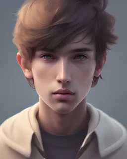  boy, cute, young, teen, brown hair, brown eyes, medium hair, bangs side part, head and shoulders portrait, head and shoulders portrait, 8k resolution concept art portrait by Greg Rutkowski,