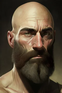 Portrait of a bald man, muscled, with quite-long brown beard, a black bandage on his left eye,