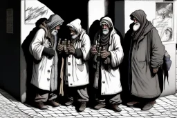 A group mature homeless cats with worn out clothes, standing in a corner on the street, holding wine bottles in their wings , Vienna, mourning, model style, hyper realistic, extremely accurate, delicate, extremely detailed, Graphic novel style, wide-angle, open aperture, superfine pencil