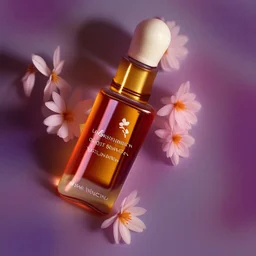 a small vial lies on a beautiful floral background top view, in the background there are beautiful spring flowers and a drop of cream, high-quality picture, top view