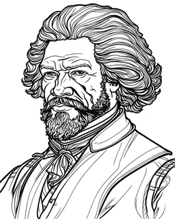 Frederick Douglass, b&w line art style fashion, preppy style, simple line art, one line, line art, line drawing style, white background, picture, coloring book style on white background, well composed, clean coloring book page, No dither, no gradient, strong outline, No fill, No solids, vector illustration, –ar 9:11 –v 5