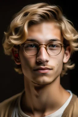 Egyptian 20 year old man with white skin glasses wavy almost blonde light brown with highlights hair and dark brown eyes no beard fuller face