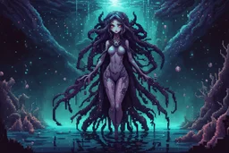 Demon girl wizard behind, cosmic horror, nightmare, galaxy in eyes with dread, truth, alien underwater, fullbody, 8bits, pixel art,