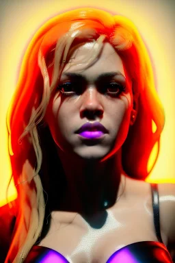 portrait, Shakira, blonde artist, angry, Realistic image, latex style dress. loose long hair, eyes make up, perfect, glow, circle iris. Neon colors, leds, geometric shapes. Dark background, photo studio, neon lights. Cyberpunk, concept art, smooth, unreal engine 5, god lights, ray tracing, RTX, lumen lighting, ultra detail, volumetric lighting, 3d, finely drawn, high definition, 4k.