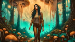 woman with black hair in a ponytail, in light brown leather trousers and jacket, walking through a forest of floating alien mushrooms with jellyfish tentacles, rampant foliage, and vines, next to a lake, photorealistic, Deep Colour, Intricate Detail