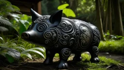 A black metal elemental pig designed in Maori sculptures painted by George Inness