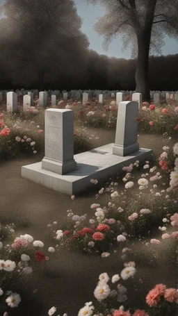 A grave in a field full of flowers. Above the grave is a white lace scarf and a gun.