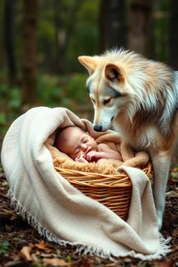 A baby sleeping in a basket covers by a blanket in the middle of a forest . Two wolfs standing by the basket the baby is touching the wolf mouth