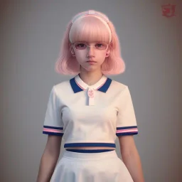 A very cute girl full body,wearing a short skirt,with blonde hair with a fade of light pink,sailor uniform,full round face,teenage girl