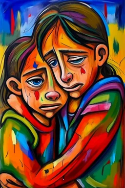 a girl hug her brother and both crying sadly, expressionism, Pixar style, in abstract art Basquiat, Picasso, Miro, Kandinsky, Klee, Birell, Fairey, Ardon, Buffet aand Picasso style, HD --s 750 --v 5.1 --style raw, water color