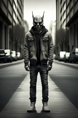 Mega villan. Human looking. Standing on street