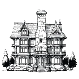 A detailed ink illustration of a front elevation of a fantasy house, with a tall chimney, rooms and floors added to the sides and roofs.