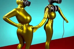 Tendril-gas-mask-Synthesizer-proboscis. Golden to cyan surfaces body, latex. skin is white hard plastic material. Cyborg. Metallic headphones and speakers, Old-fashioned cameras integrated to heads. Perfect body, thick thighs and calves. simple face. Wide hip, red fabric skirt bleats nicely. Partly symmetrical. Golden ratio. Space-corrosion, rusty and decayed background. Steam-machines-plunge-air-bottles. 3D-tiling moth surveillance walls. Oppressive atmosphere