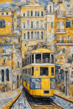 portuguese azulejo tile pattern mosaic, mixed pattern, mixed media, lisbon city view, famous yellow tram