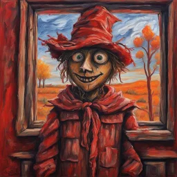 kid's drawing of a scarecrow looking in his window, dramatic, horror, by Sandra Silberzweig, 2D oil painting, red hues