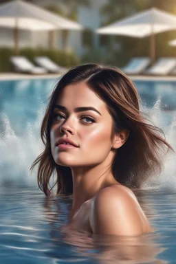 Hollywood Hot Tubs - head and shoulders portrait, Photorealistic, hyperrealism, Dazzling, Complex, dramatic, bold, attractive Lucy Hale, perfect, Athletic, toned body with tanned skin, perfectly formed body, at the swimming pool, extremely detailed, lipstick, eyeshadow, eyeliner, mascara, rouge