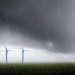 Thousands vertical wind turbines. Heavy cold rain. Thunderstorm. An engineer looking up. Futuristic scenary. Gray mist.