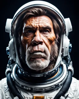 Hombre de Neandertal moderno con traje de astronauta, calidad ultra, hiperdetallado, colores contrastantes