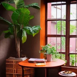  mahogany table lush house plants in pot looking out of a window to a crowded city with many textbooks on the table