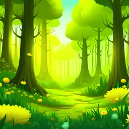 Cartoon Fantasy forest with tall grass and yellow flowers