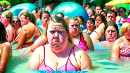 woman pouting at a crowded water park