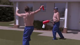 2 men in boxers spraying fire extinguisher at each other in motel room