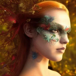 Portrait of beautiful girl, face dept of field,face shining, plant, metal, feathers,central weight average, CWA Dryad, fae, sidhe, ominous, nature, plants, wildflower sparkle,wildflower 3d view, facepaint, dnd character portrait, intricate, oil on canvas, masterpiece, expert, insanely detailed, 4k resolution, retroanime style, cute big circular reflective eyes, cinematic smooth, intricate detail , soft smooth lighting, soft pastel colors, painted Renaissance style,sharp fucus, bokeh,macro lens,