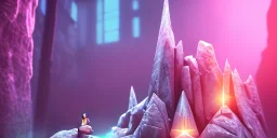 single pink crystal, on an altar in a foggy cave, cinematic,