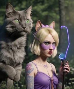 Ultra realistic photo, happy couple, blonde Alice woman and purple cat smoking a pipe, circus blue dress style, black headband with bow, old school body tattoo, smoke, marihuana garden, glow eyes, perfect iris, soft color, highly detailed, unreal engine 5, ray tracing, RTX, lumen lighting, ultra detail, volumetric lighting, high definition.