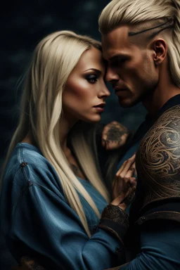 stunningly handsome viking, muscular, long blonde hair, male age 30, wearing jeans and a longsleeved white shirt, tan skin, tattoos, whispering in ear of young blonde woman, with long hair, wearing a sweatshirt. fantasy, hyper realisticphotorealistic 4k, dark fantasy