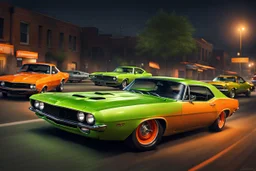 Fotorealistisch Straßenrennen nachts limettengrüner Plymouth Barracuda gegen orangen Chevrolet Camaro Z28