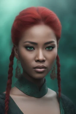 the black Chinese woman with (((red hair))) and bright, (((sea-green eyes))), - full color - 32k, UHD, 1080p, 8 x 10, glossy professional quality digital photograph - dark foggy gradated background, historic, powerful, octane rendering, exquisite detail, 30 - megapixel, 4k, 85 - mm - lens, sharp - focus, intricately - detailed, long exposure time, f8, ISO 100 - back - lighting, ((skin details, high detailed skin texture))